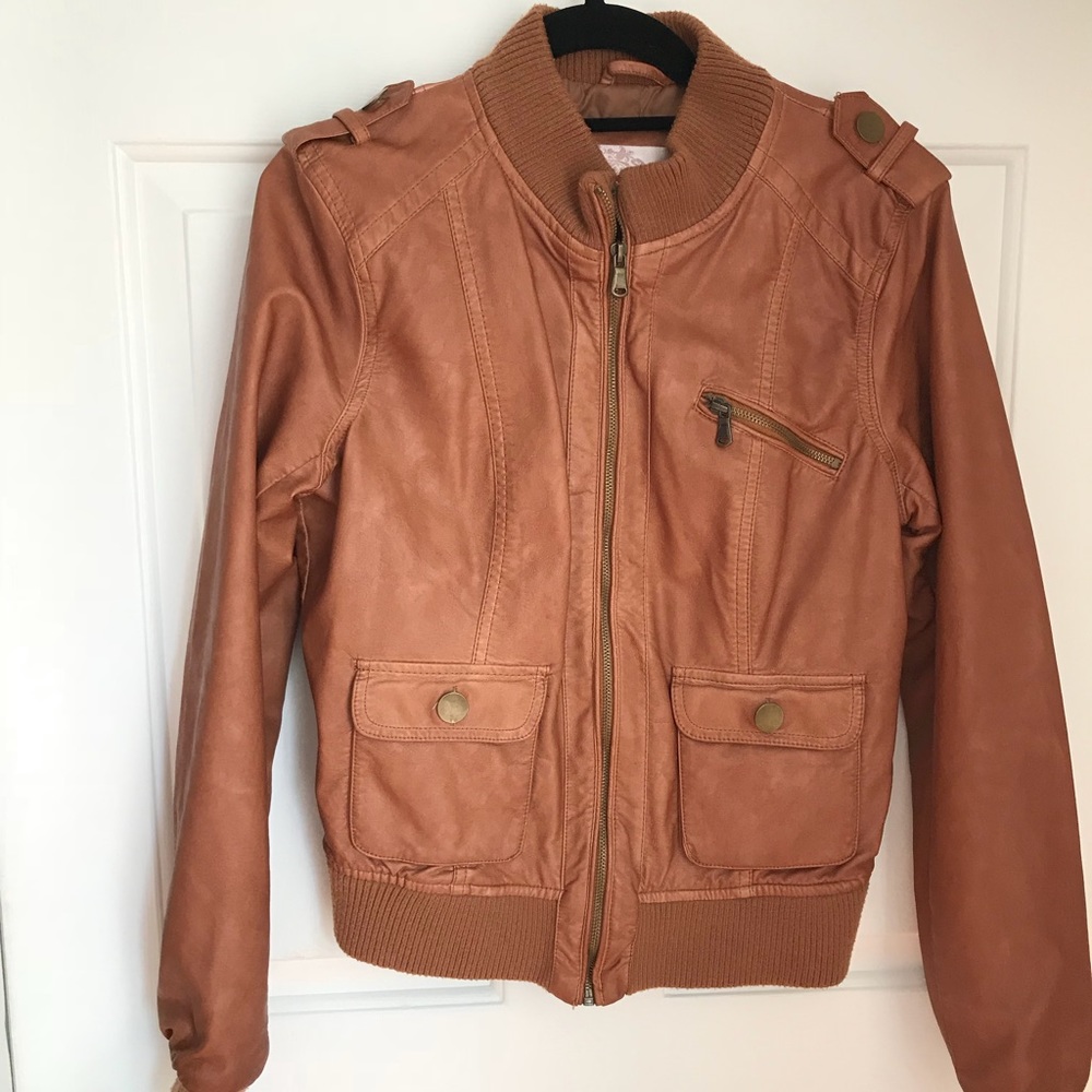 Cognac Faux Leather Bomber Jacket